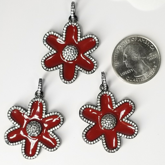 NWT Red Enamel Flower Pendant Charm Pave CZ - Picture 4 of 8